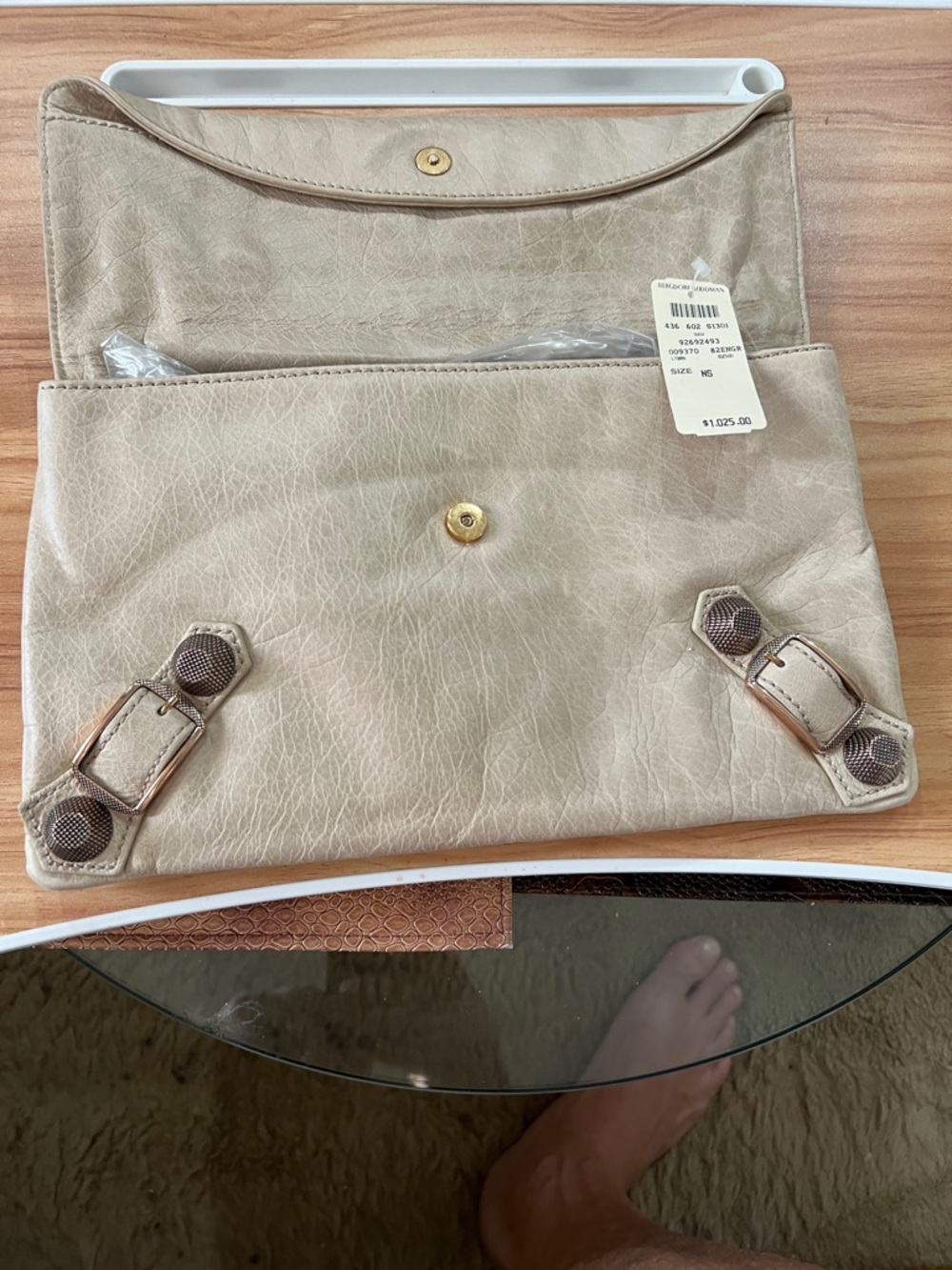 Balenciaga Taupe Leather Envelope Clutch with Buckle Details